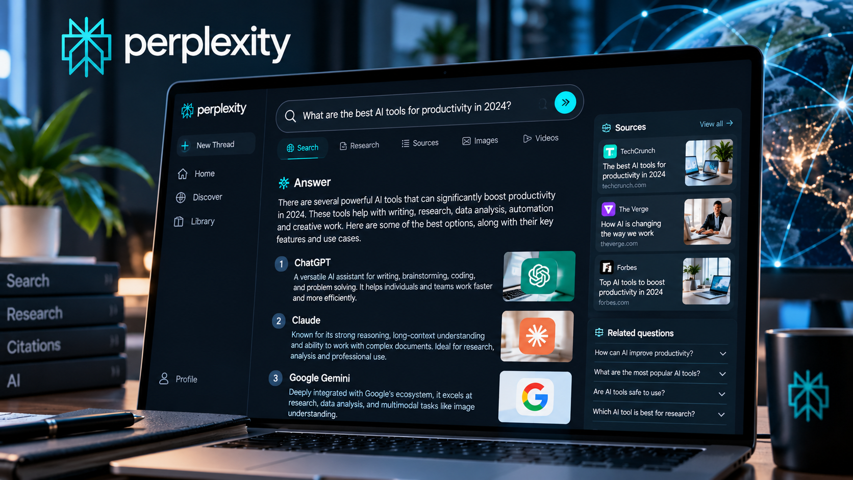 Perplexity AI search interface with answer and cited sources