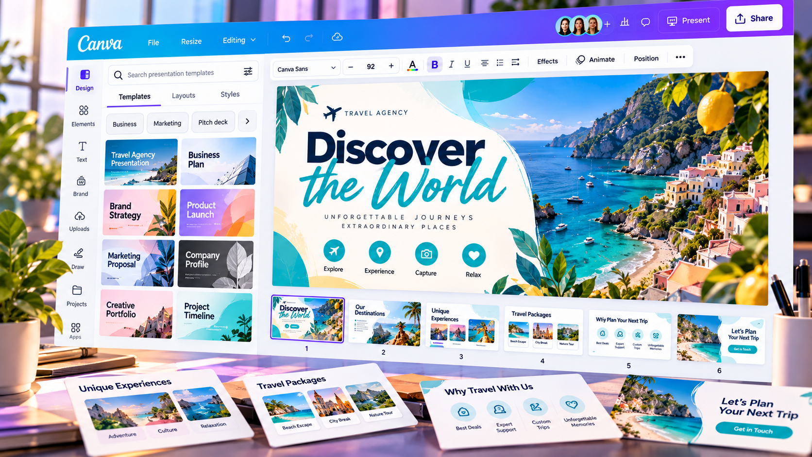 Canva presentation editor with multiple branded slides