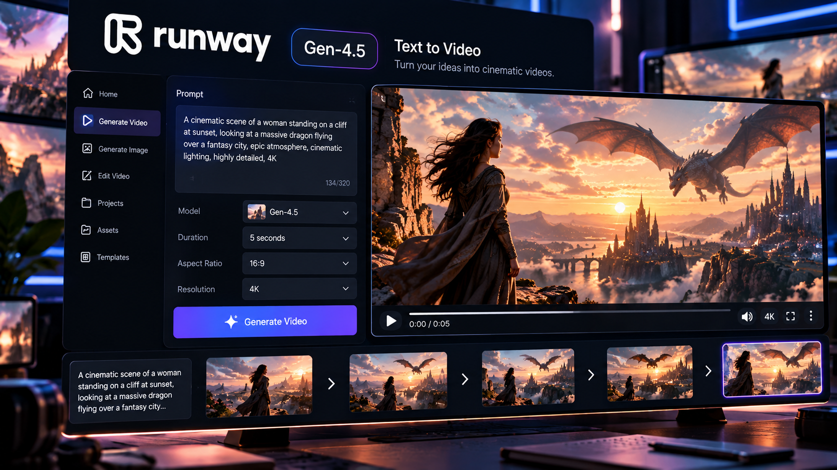 Runway Gen-4.5 AI video generation from a text prompt
