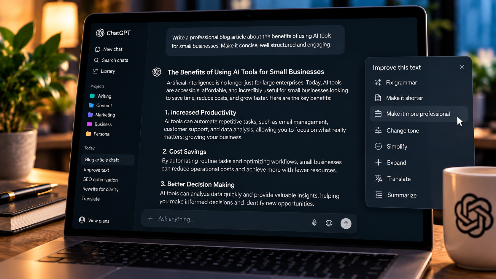 ChatGPT assisting with writing and conversational workflow