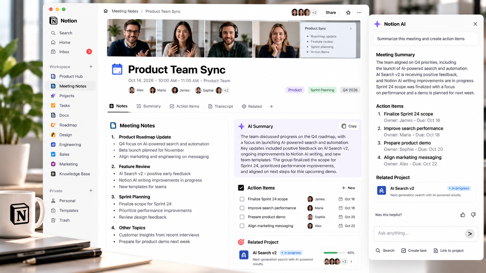 Notion AI meeting notes with summaries and project tasks