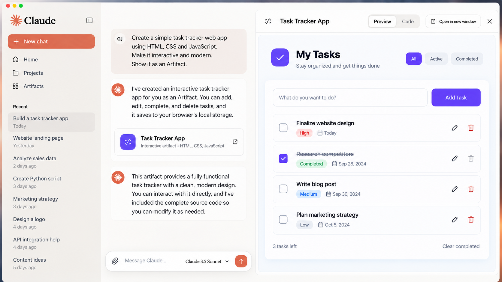 Claude Artifacts workspace with interactive AI-generated content