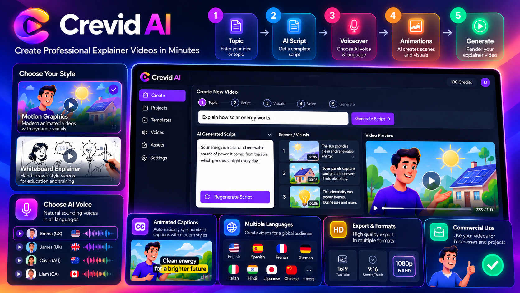Crevid AI video creation dashboard with AI script, voice selection, animations and video preview