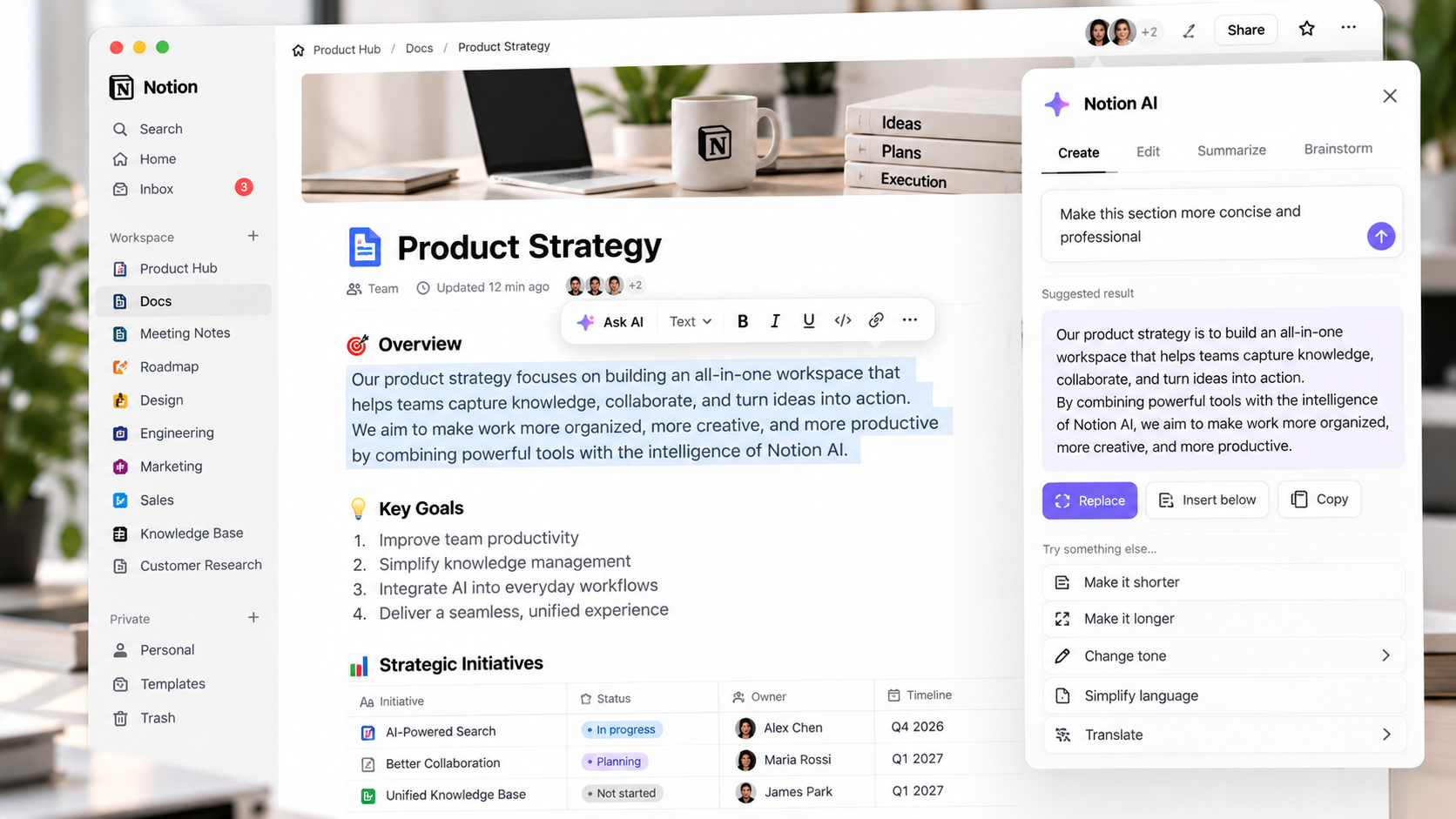 Notion AI writing and editing tools inside a document