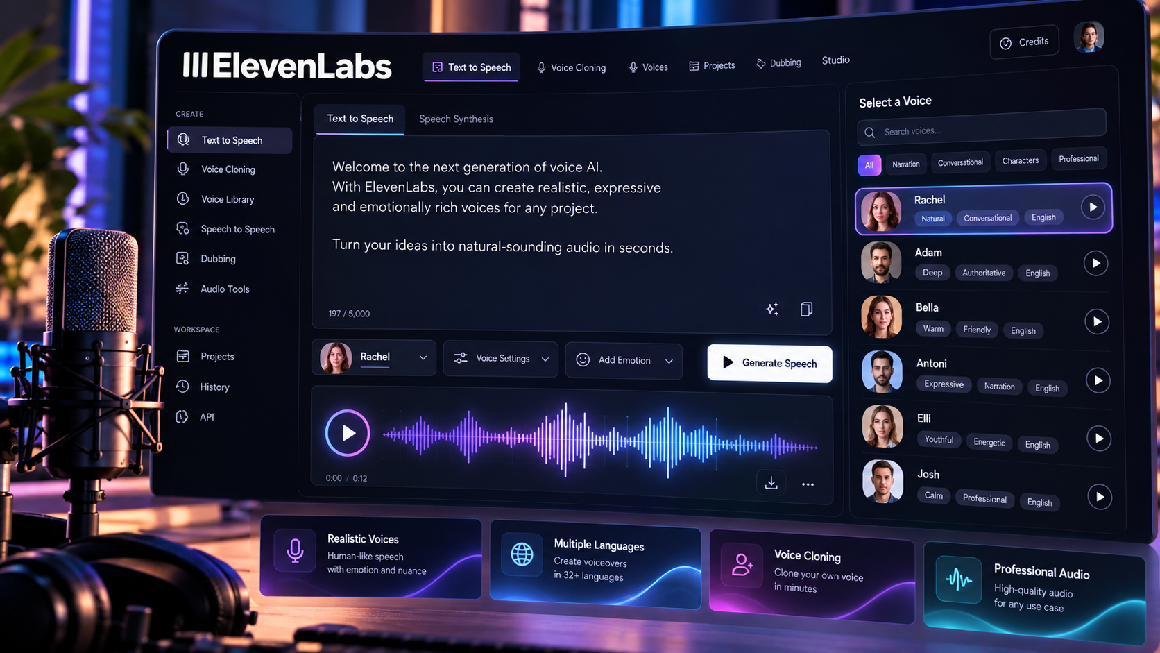 ElevenLabs text to speech interface with voice selection and waveform