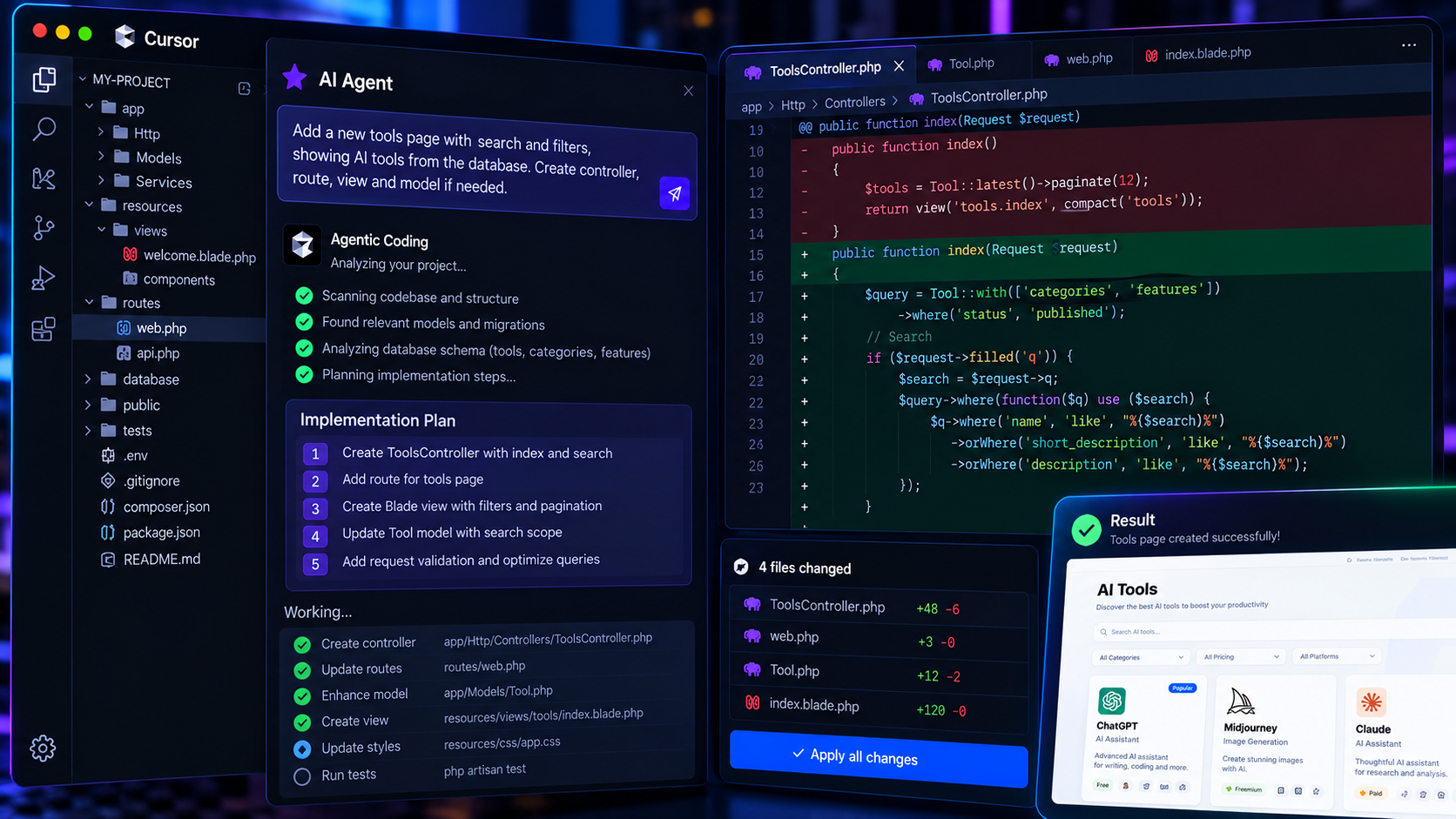 Cursor AI Agent analyzing a codebase and editing multiple files