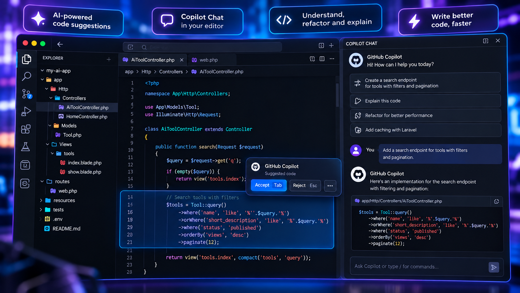 GitHub Copilot AI coding assistant inside a code editor