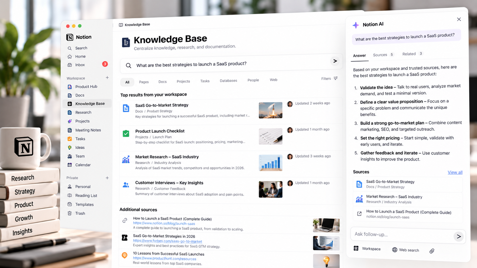 Notion AI search and research across workspace knowledge