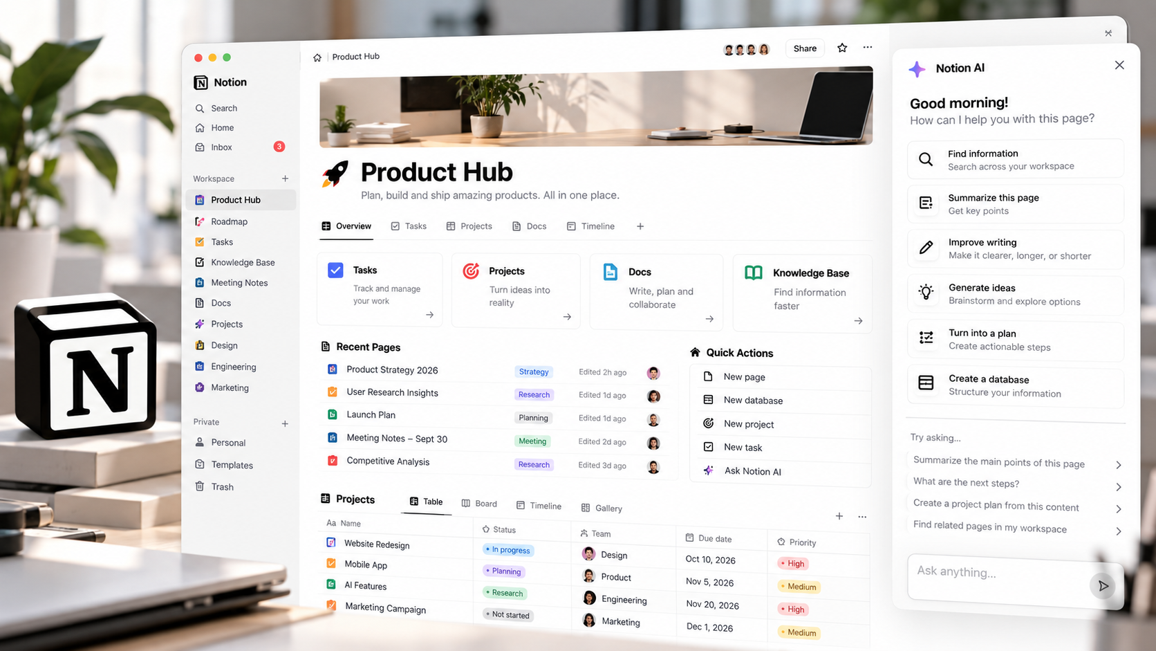 Notion AI workspace with pages, databases, and AI assistant