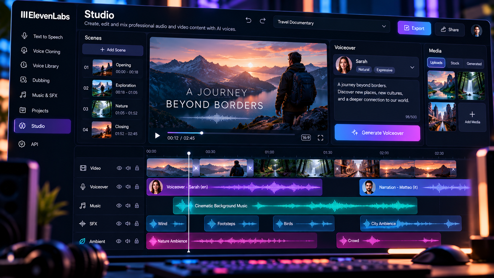 ElevenLabs Studio timeline with AI voiceover and audio production