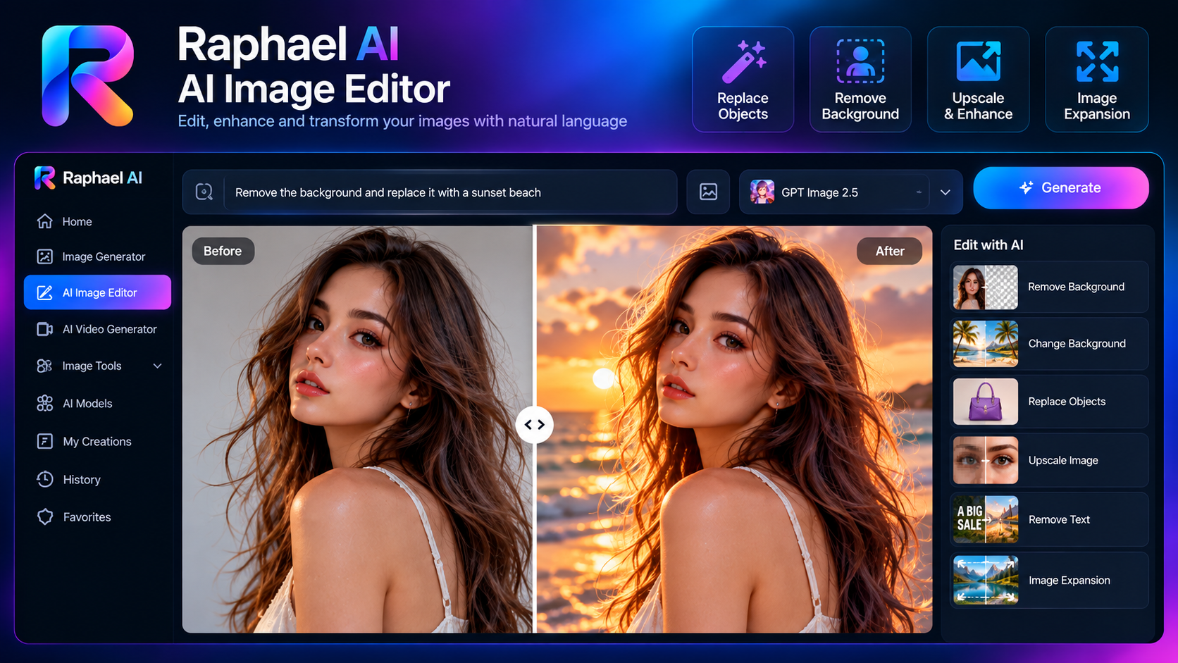 Raphael AI image editor with background replacement