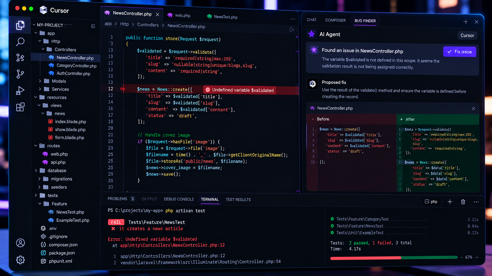Cursor AI debugging and code review with terminal output
