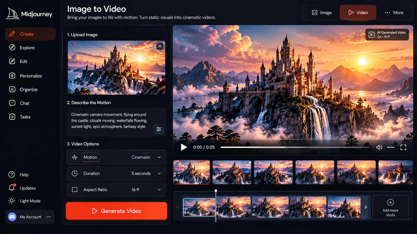 Midjourney image-to-video generation with cinematic result