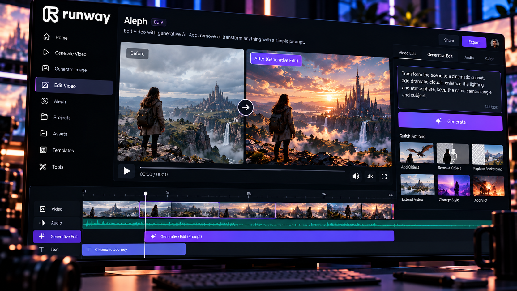 Runway AI video editing with Aleph generative tools