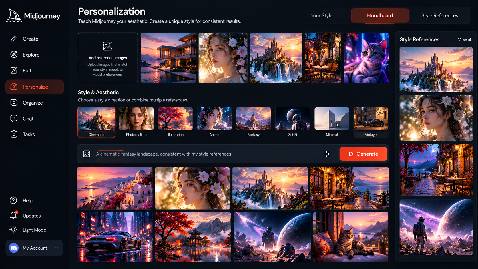 Midjourney personalization and style reference workspace