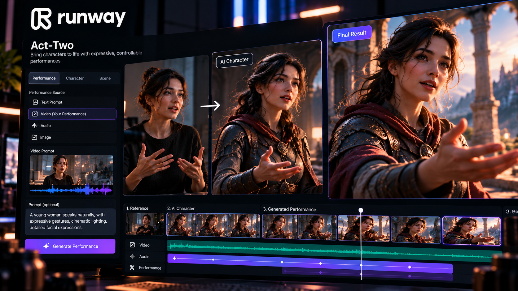 Runway Act-Two AI character animation from a performance video