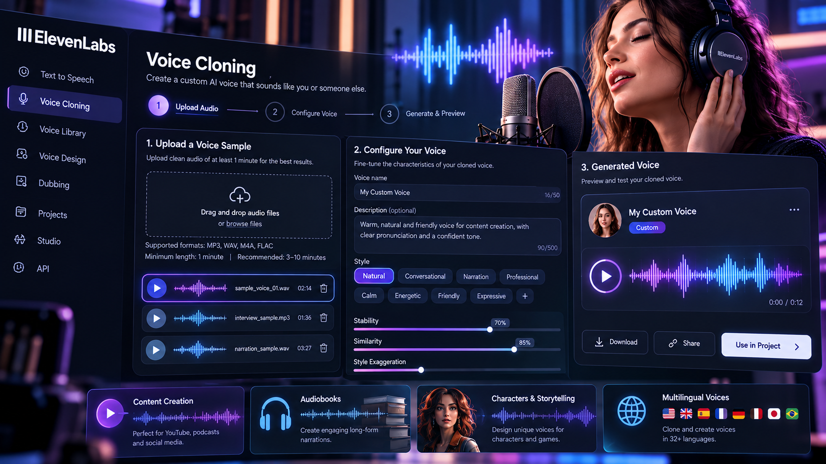 ElevenLabs voice cloning and AI voice design interface