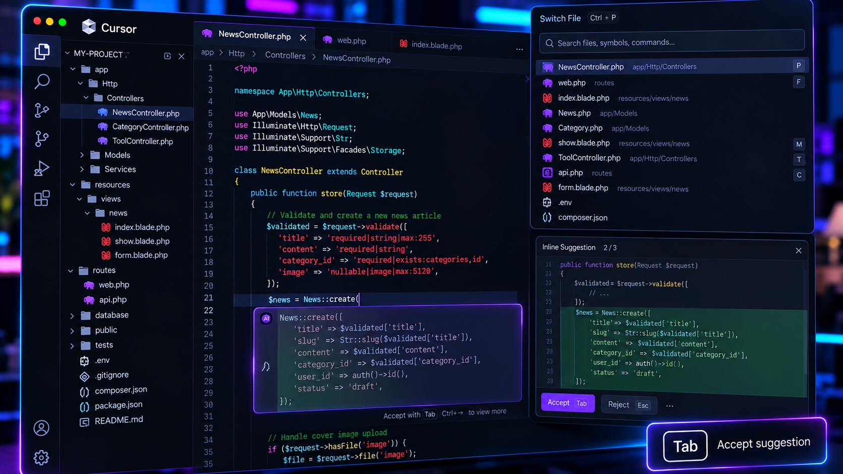 Cursor Tab AI code completion inside the code editor