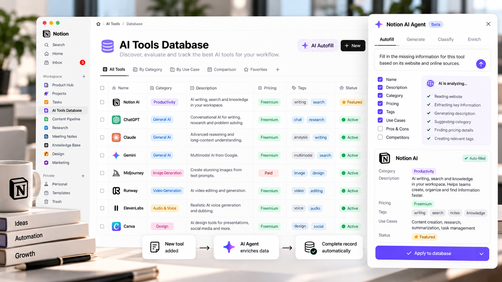 Notion AI agent automating tasks and database information