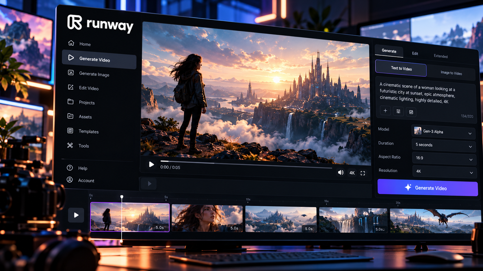 Runway AI creative workspace with video generation tools