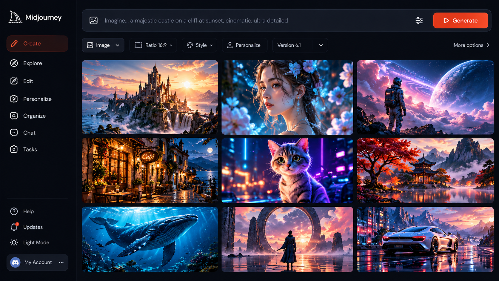 Midjourney Create interface with AI-generated image grid