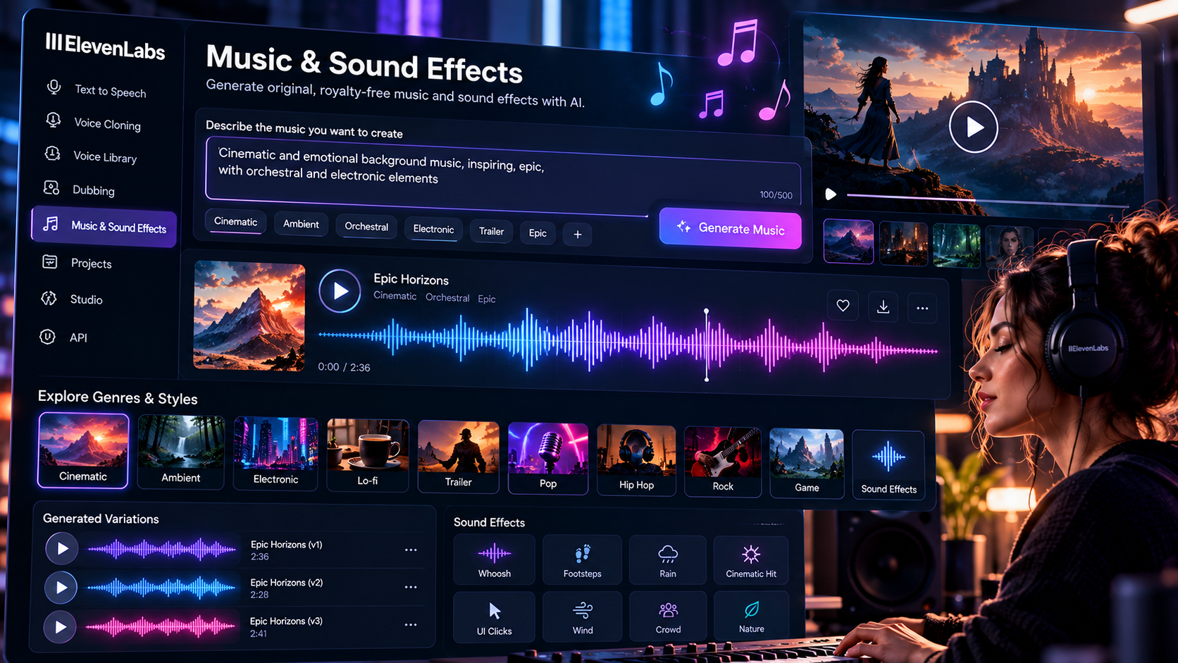 ElevenLabs AI music and sound effects generation interface