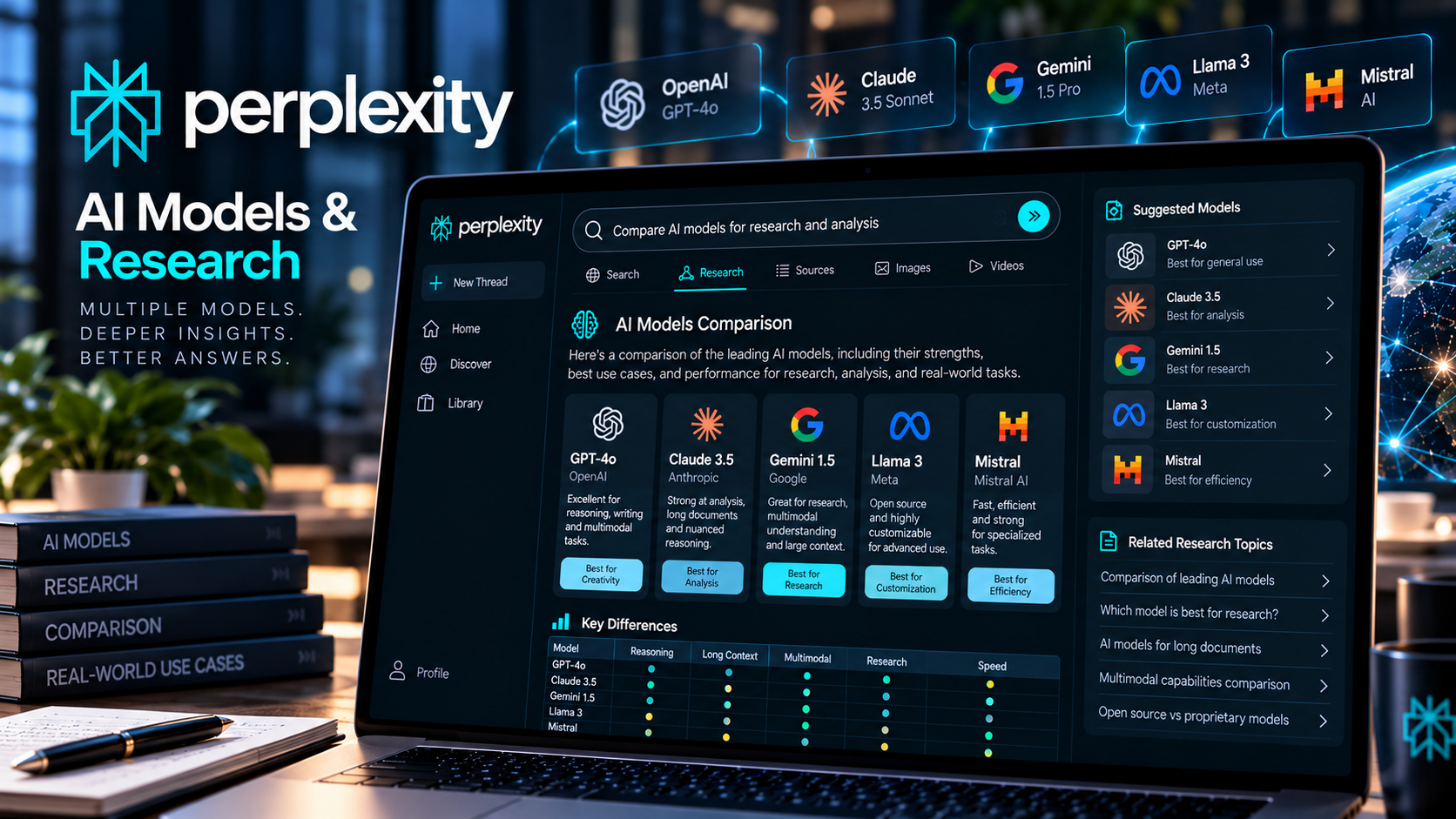Perplexity AI model selection and advanced research interface