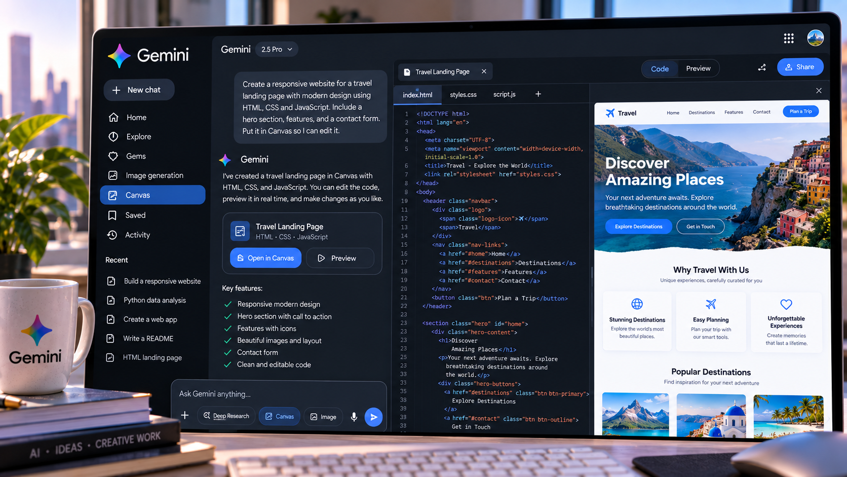 Gemini coding and interactive Canvas workspace