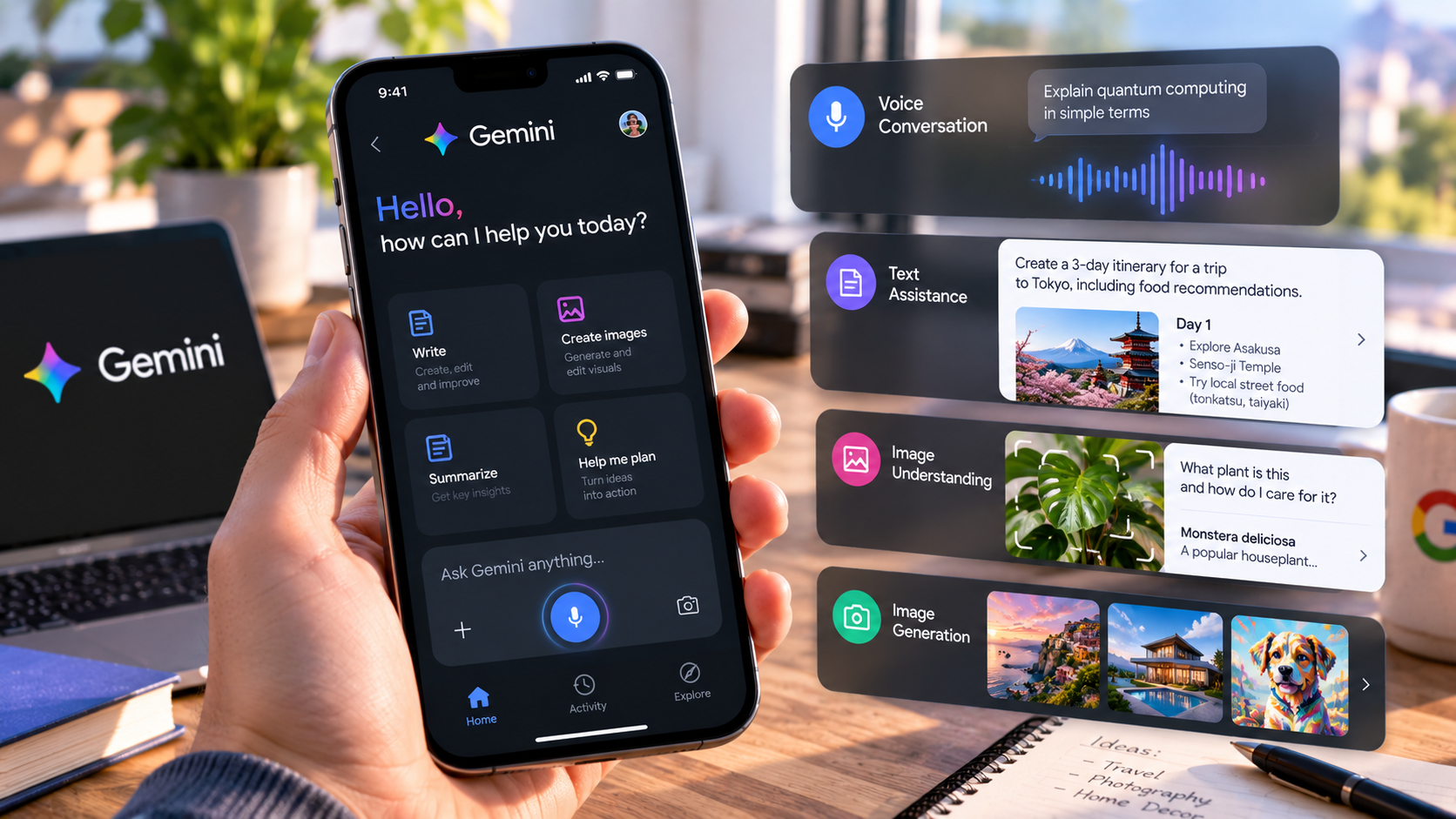 Google Gemini mobile app with AI conversation and multimodal input