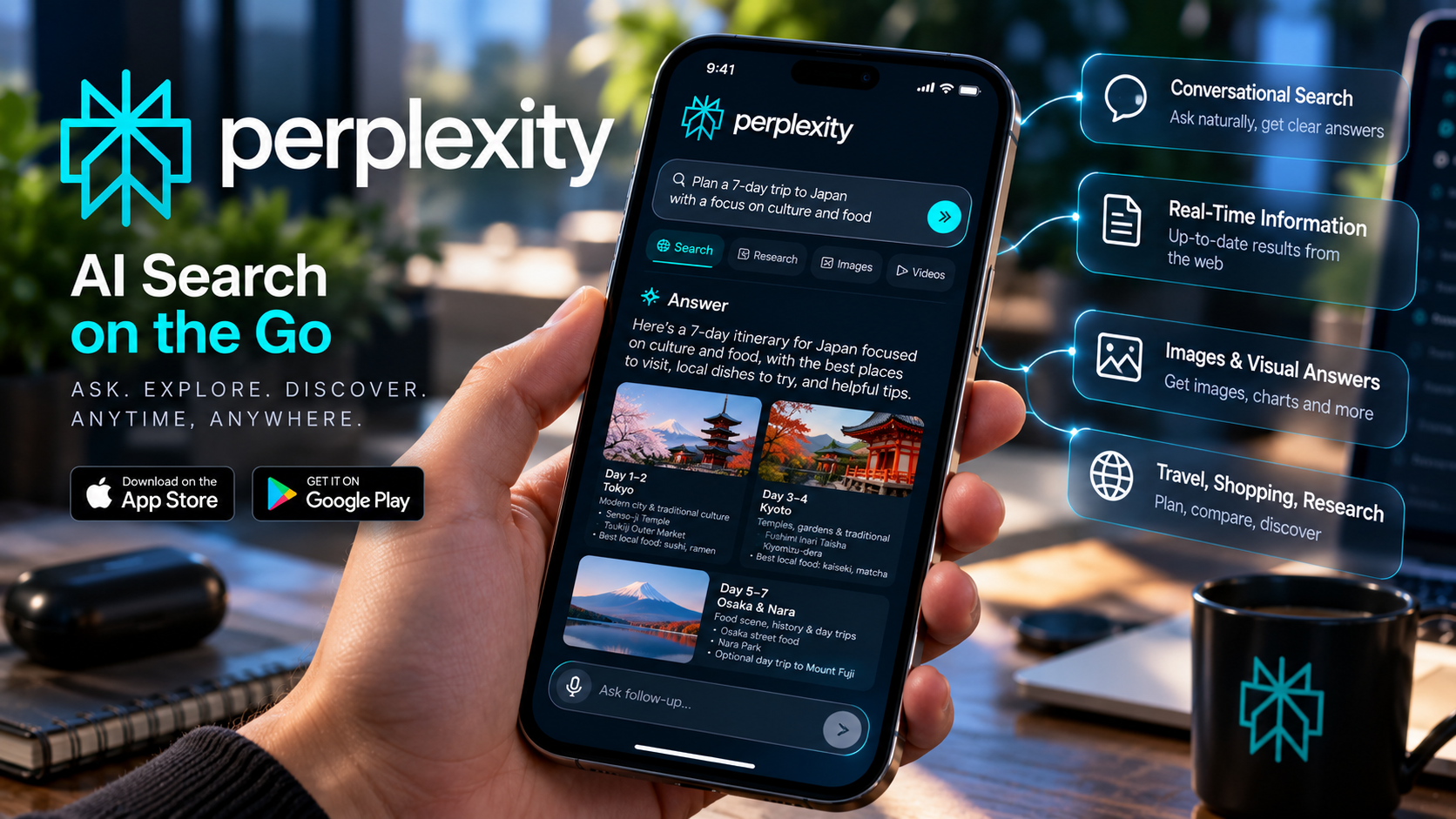 Perplexity AI search and research app on a smartphone